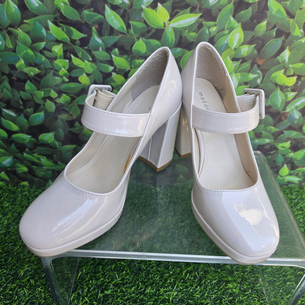Madden Girl Unitedd Cream Patent Platform Mary Jane Block Heel Pumps Size 7.5